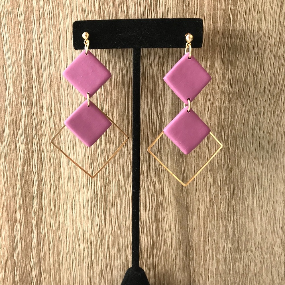 Mauve Square Polymer Clay Earrings - Picture 3 of 3